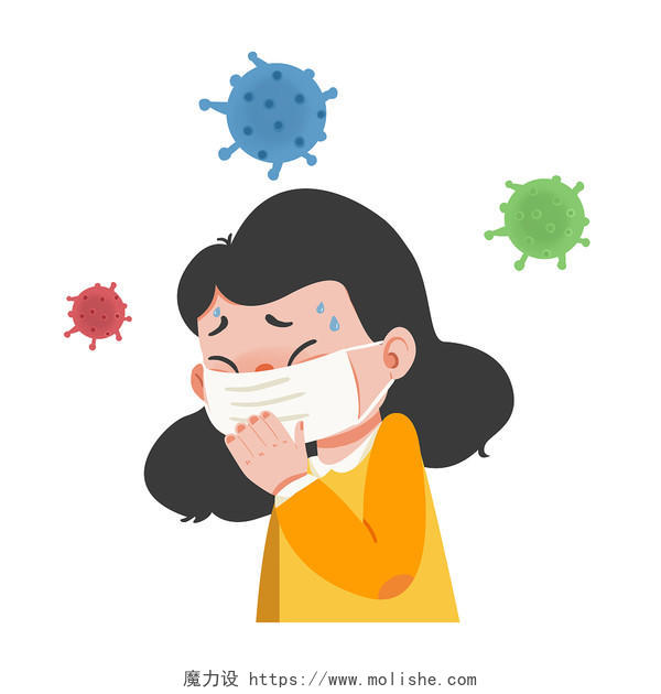 卡通手绘女人戴口罩感冒咳嗽png素材插画病毒流感甲流